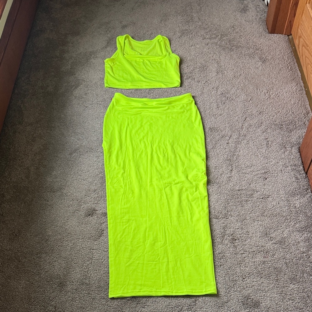 Elleven Neon Yellow Two Piece Crop Top Maxi Skirt Set SIZE M